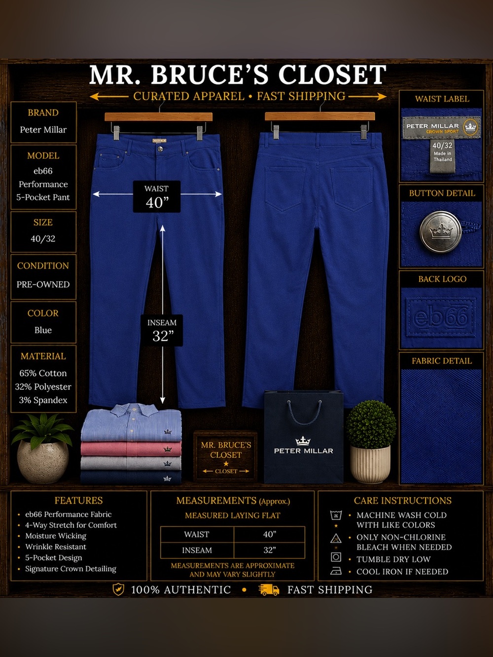 Peter Millar Men's Performance Five-Pocket Pants in Royal Blue